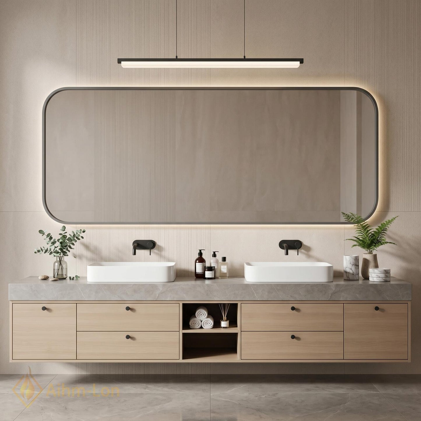 70''-96'' Double Bathroom Vanity with Sink Modern Stone-Effect Top Open Storage