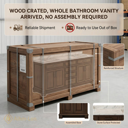 70''-96'' Elegant Bathroom Vanity with Sink Dark Wood Marble Deep Drawers Cabinet
