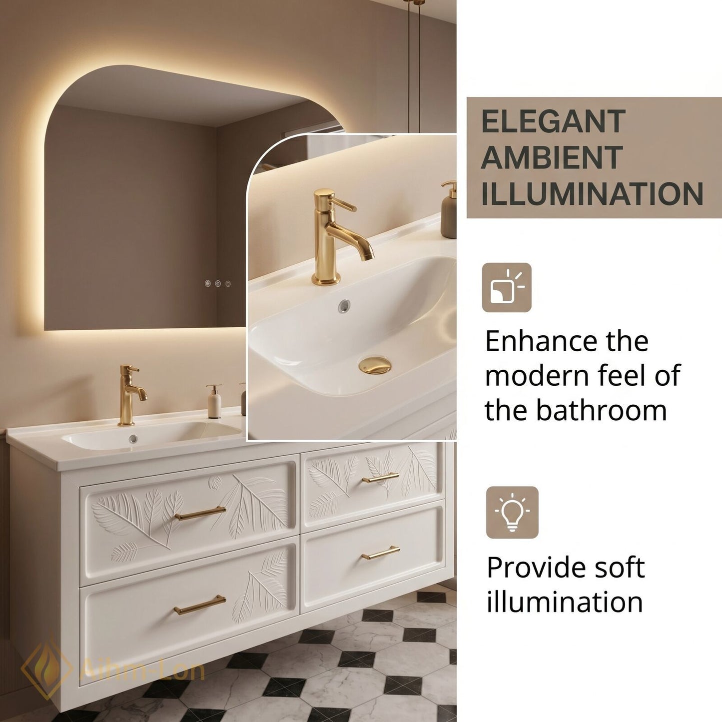 60''-96'' Modern Bathroom Vanity with Sink Floating Embossed Leaf White LED Backlit Mirror