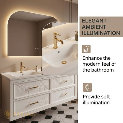 60''-96'' Modern Bathroom Vanity with Sink Floating Embossed Leaf White LED Backlit Mirror