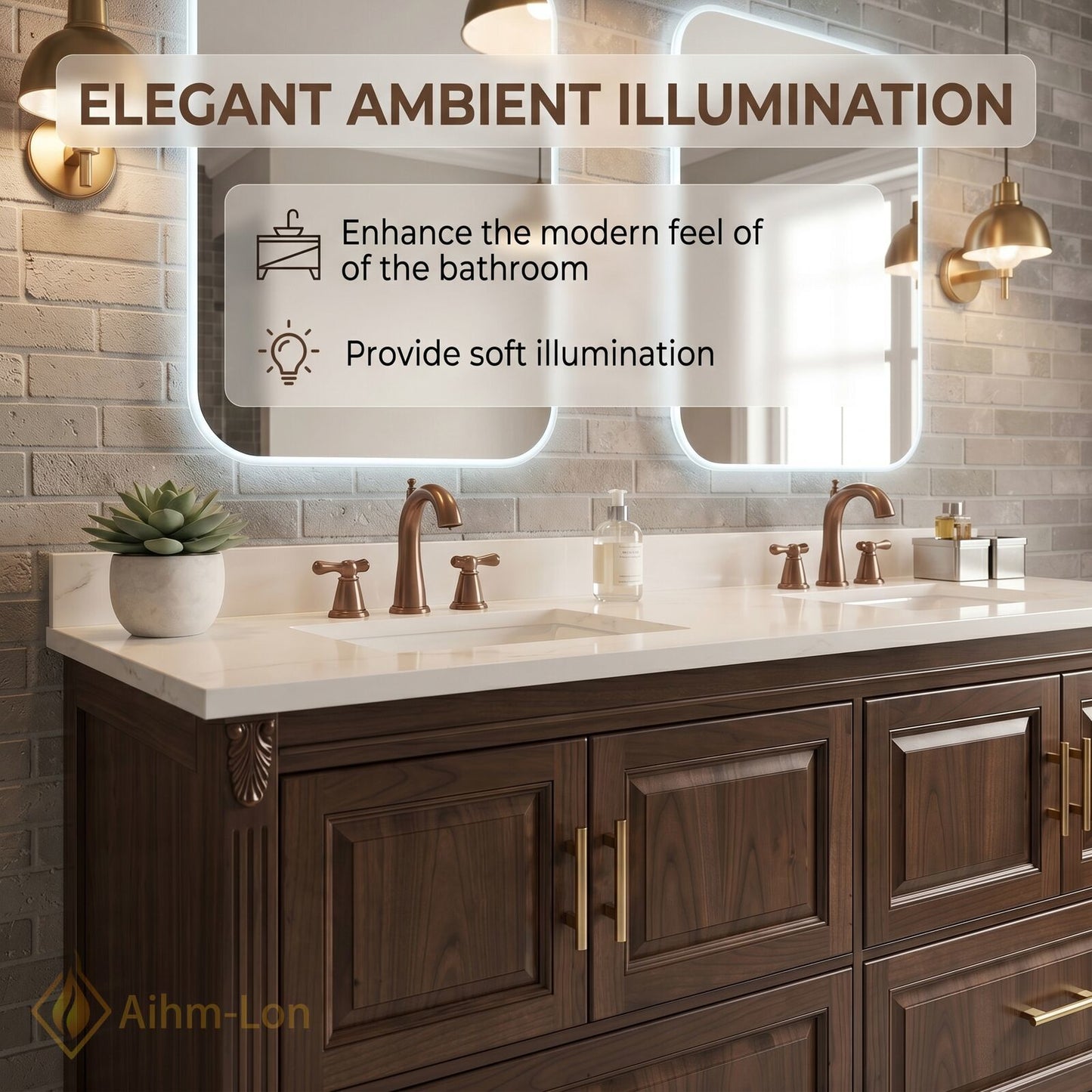 70''-96'' Modern Bathroom Vanity with Sink Dark Wood Rectangular Base Gold Drawers