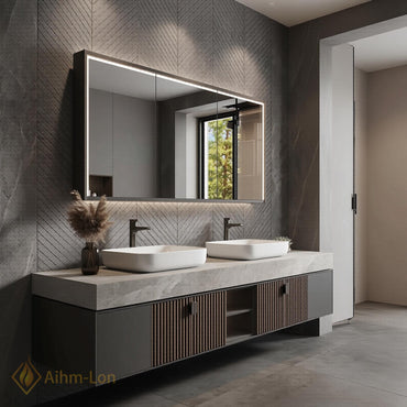 60''-96'' Double Bathroom Vanity with Sink Floating Vanity Open Shelving Slat Paneled