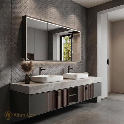 60''-96'' Double Bathroom Vanity with Sink Floating Vanity Open Shelving Slat Paneled