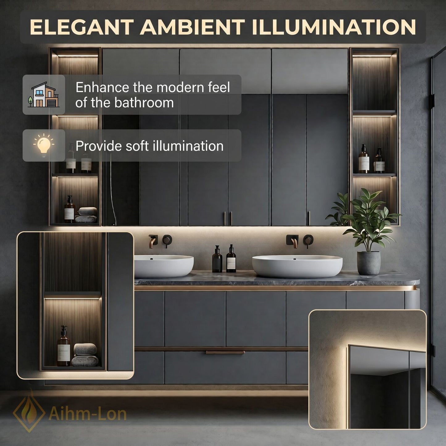 60''-96'' Sleek Bathroom Vanity with Sink Double Sink Dark Grey Glowing Mirrors