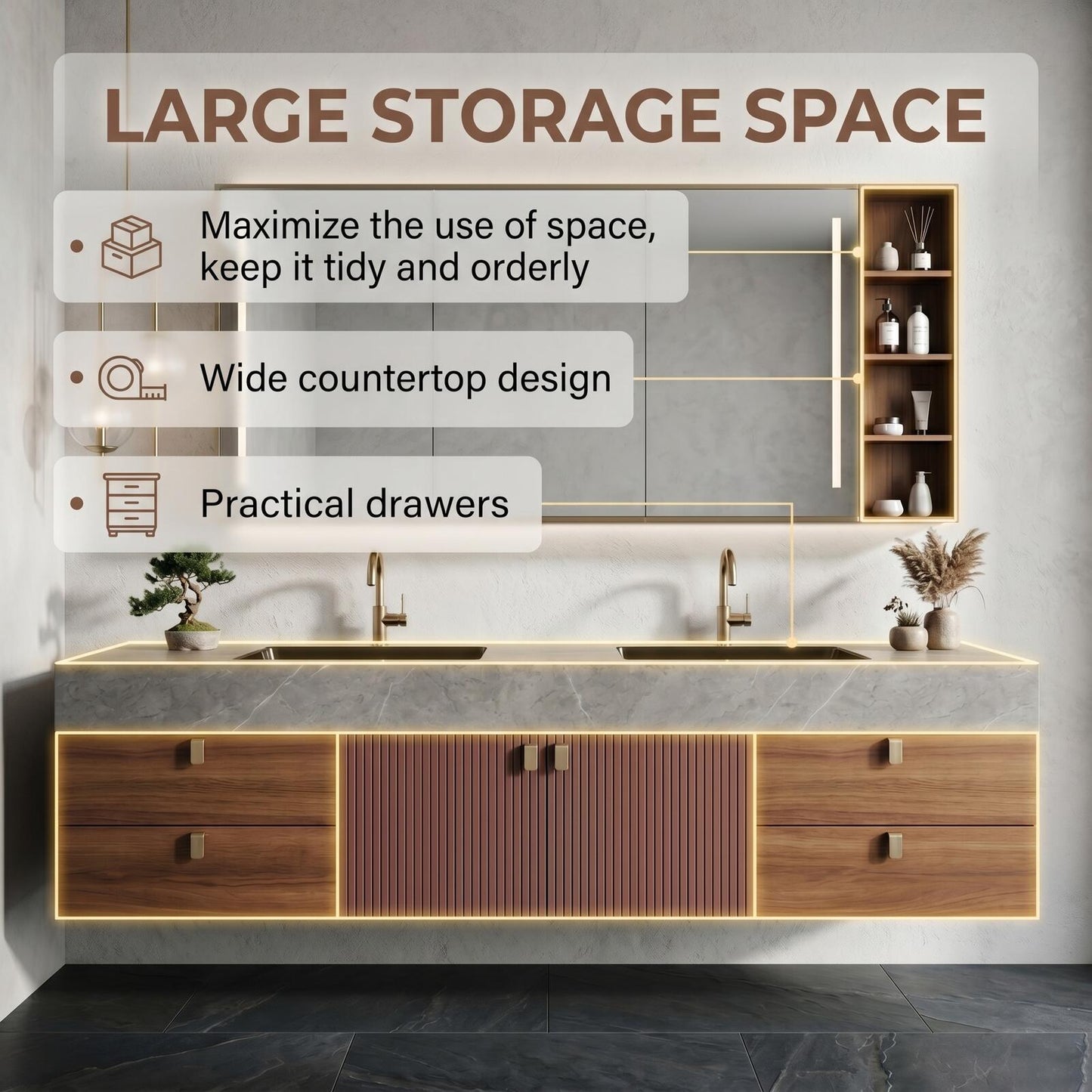 60''-96'' Modern Bathroom Vanity with Sink Double Sink Slatted Warm Walnut Side Shelving Cabinet