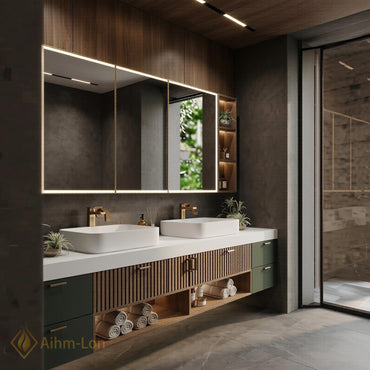 60''-96'' Double Bathroom Vanity with Sink Modern Floating Dark Green Finish Slatted