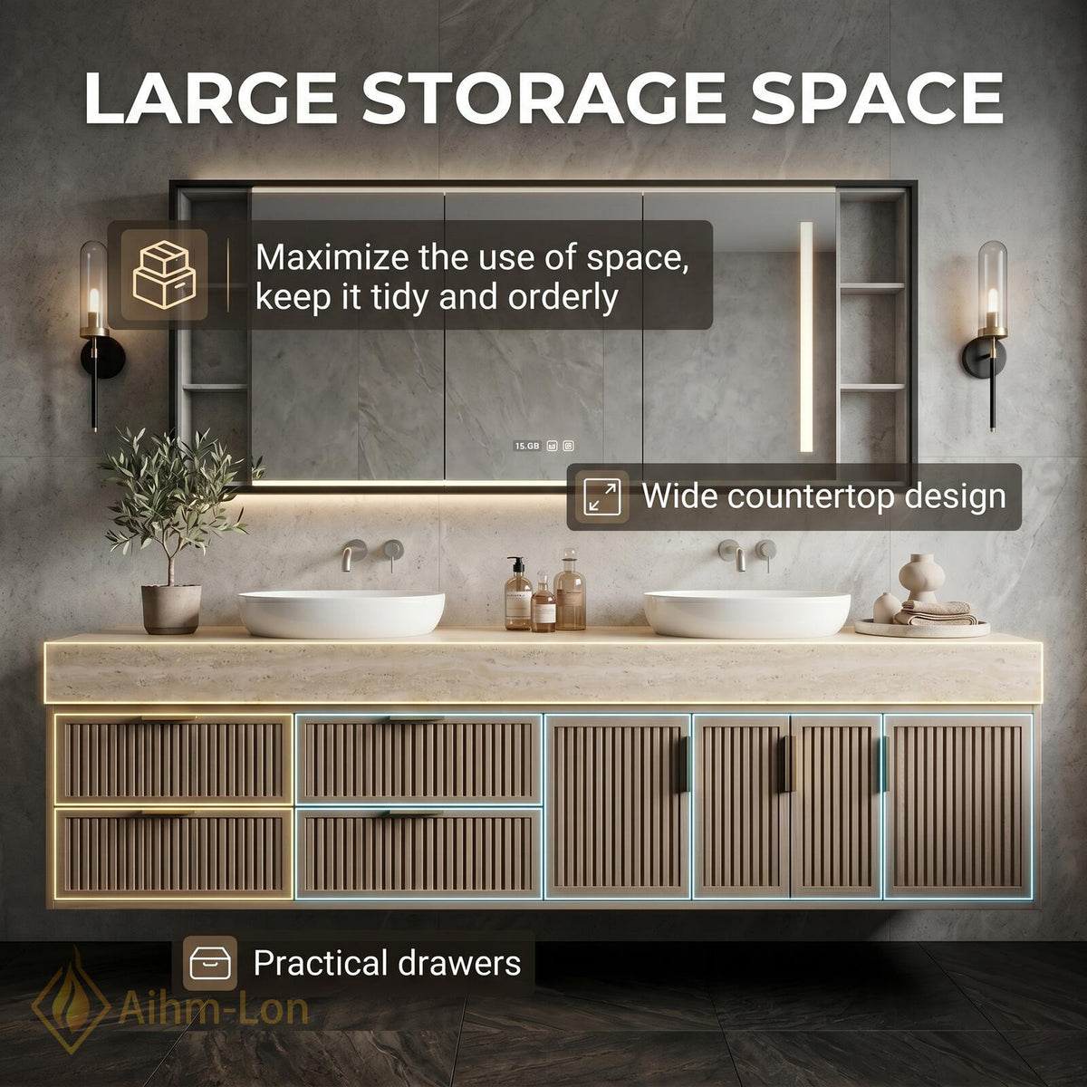 60''-96'' Double Bathroom Vanity with Sink Modern Floating Slatted Panel Wide Stone