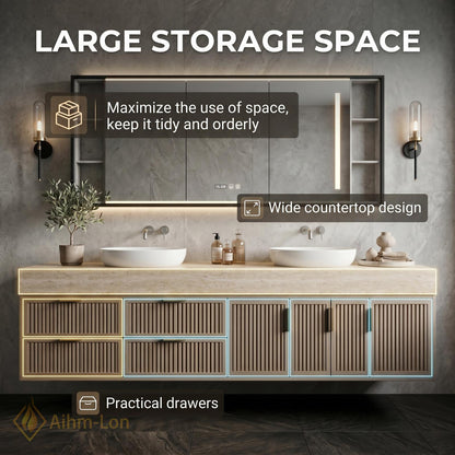 60''-96'' Double Bathroom Vanity with Sink Modern Floating Slatted Panel Wide Stone