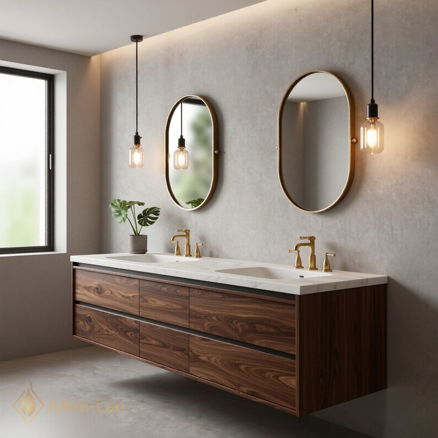 60''-96'' Modern Bathroom Vanity with Sink Floating Wooden Drawer White Stone Oval Mirrors