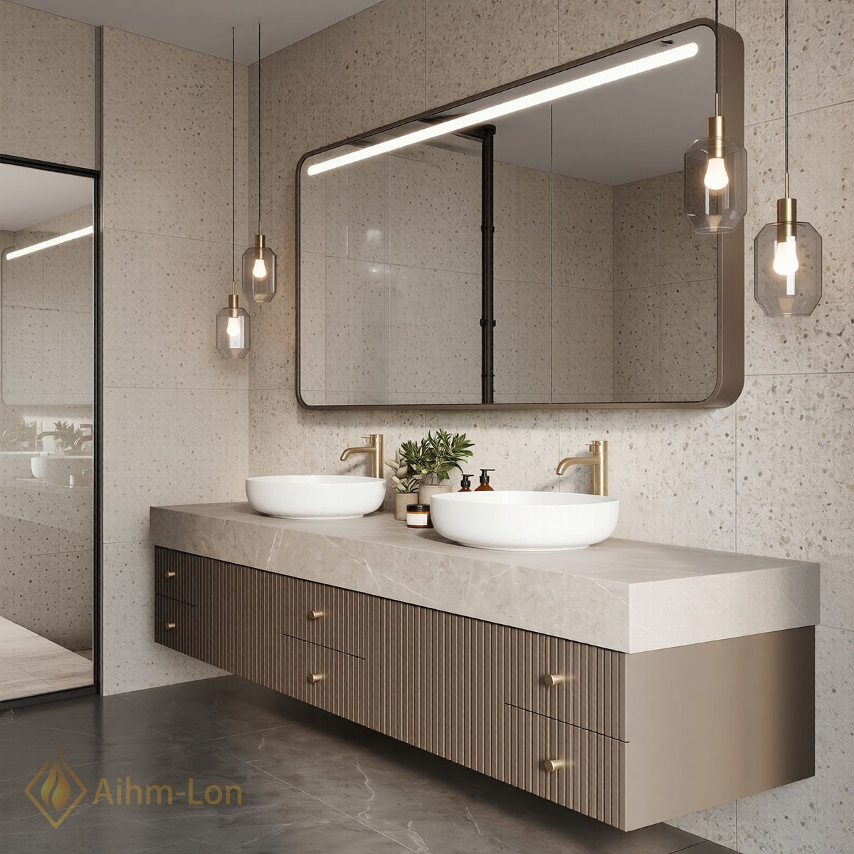 60''-96'' Double Bathroom Vanity with Sink Dark Brown Slatted Panel Mirror Cabinet