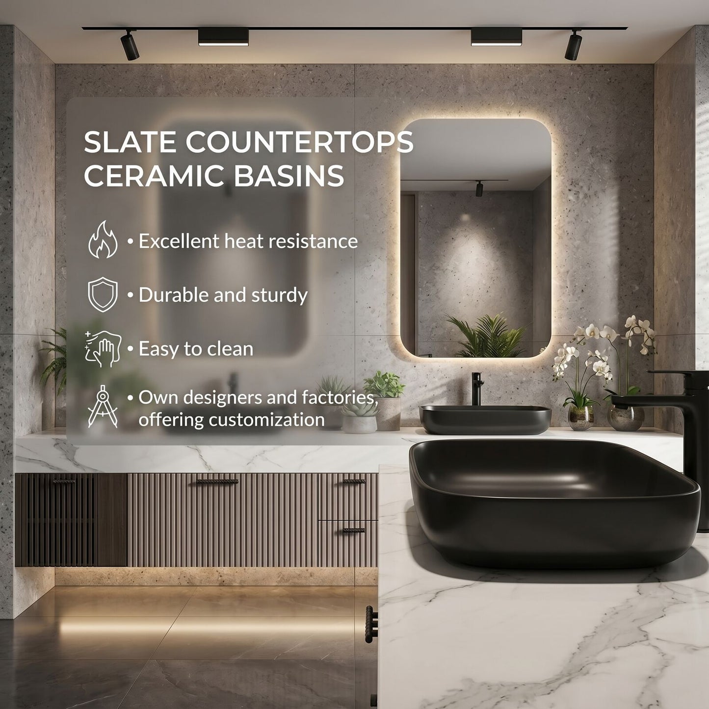 70''-96'' Floating Bathroom Vanity with Sink Double Sink Marble Veined Slatted Front Cabinet