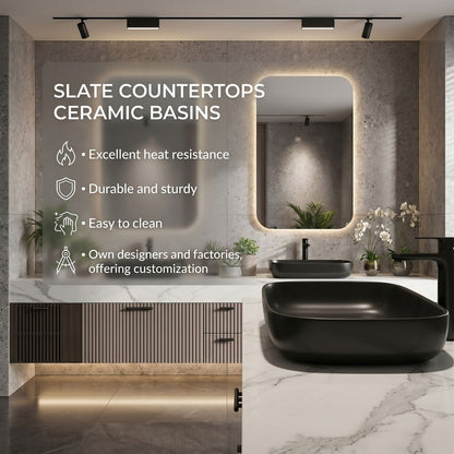 70''-96'' Floating Bathroom Vanity with Sink Double Sink Marble Veined Slatted Front Cabinet