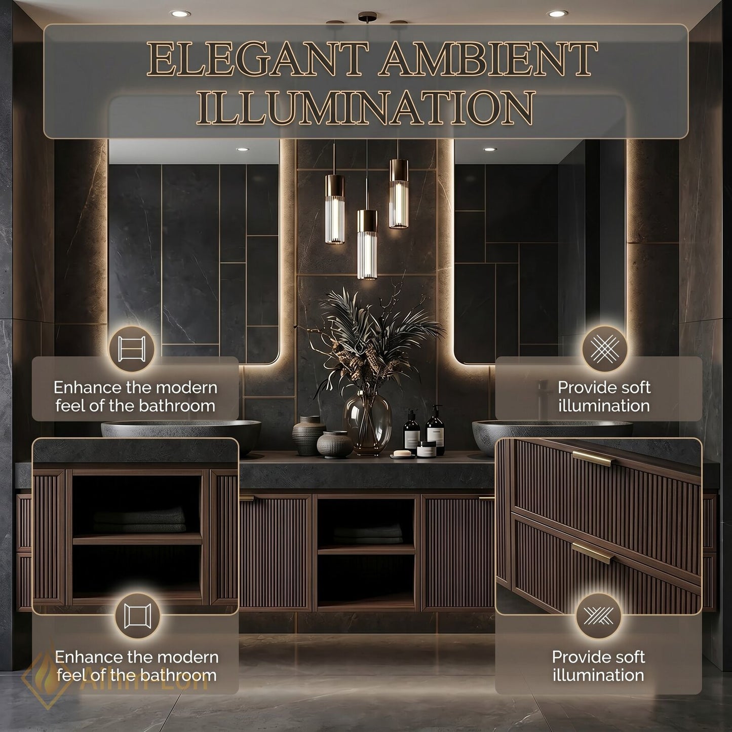 70''-96'' Double Bathroom Vanity with Sink Slatted Wide Solid Surface Top Dark