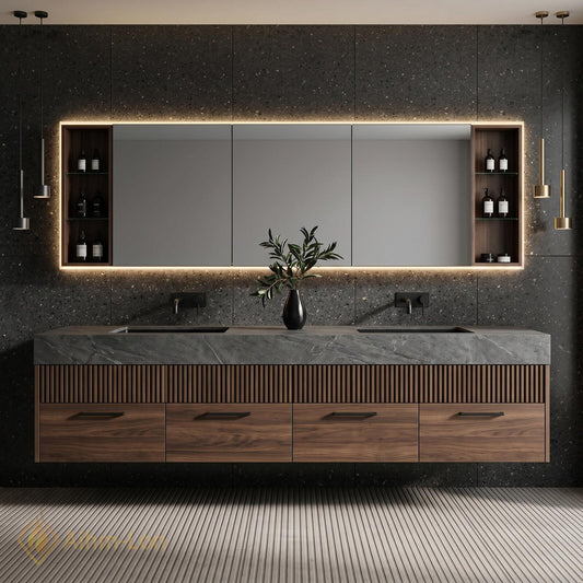 70''-96'' Double Bathroom Vanity with Sink Modern Floating Dark Stone Basins Top