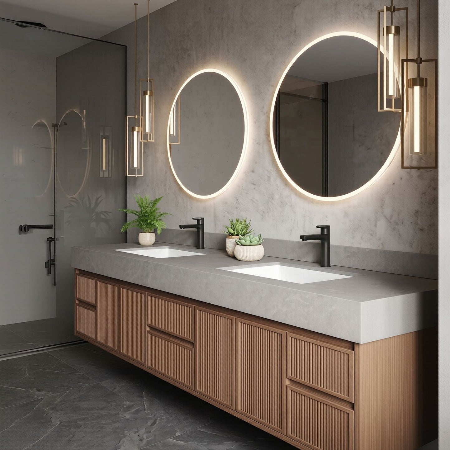 60''-96'' Modern Bathroom Vanity with Sink Double Sink Grey Marble Slatted Doors Cabinet