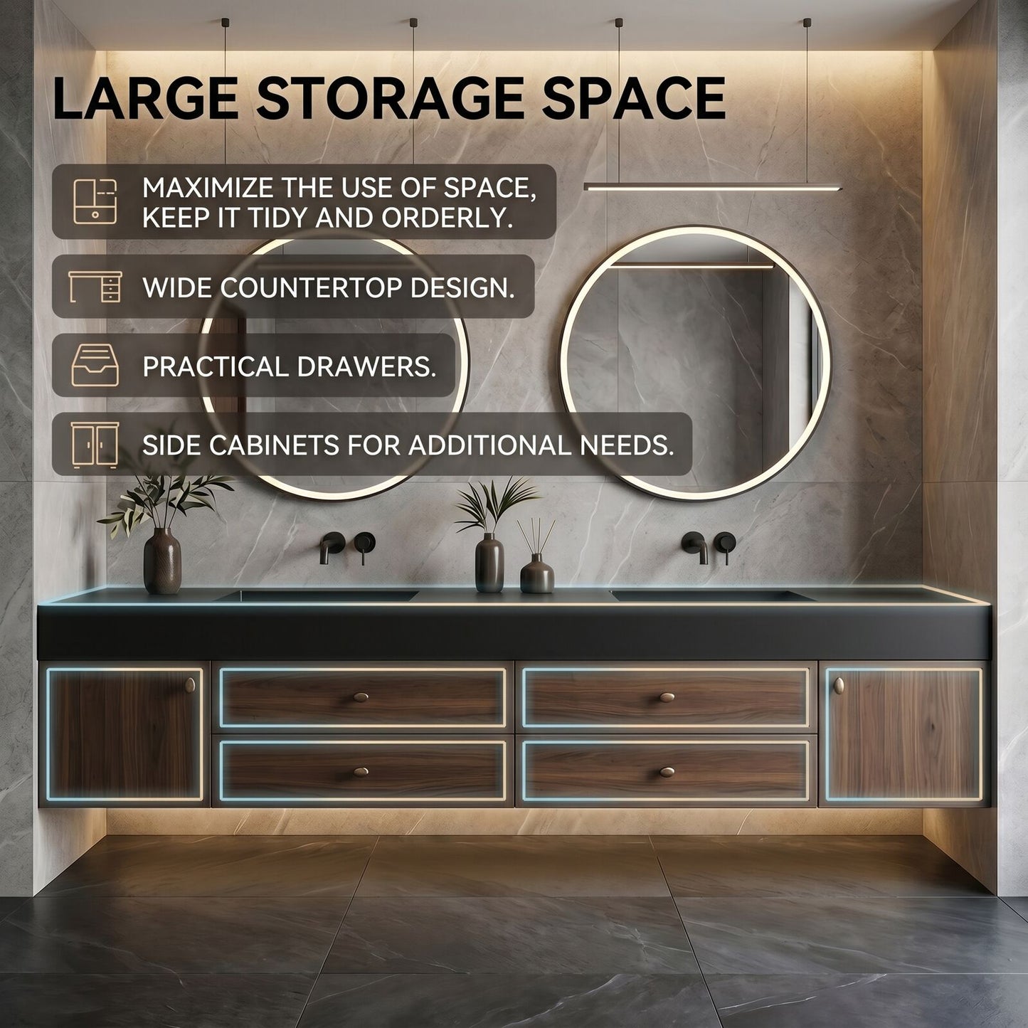 60''-96'' Modern Bathroom Vanity with Sink Double Sink Dark Wood Grain Floating Mirror