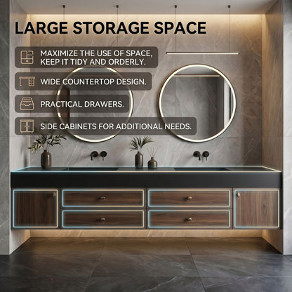 60''-96'' Modern Bathroom Vanity with Sink Double Sink Dark Wood Grain Floating Mirror
