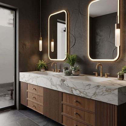 60''-96'' Floating Bathroom Vanity with Sink Vertical Grooves White Stone Vein Top