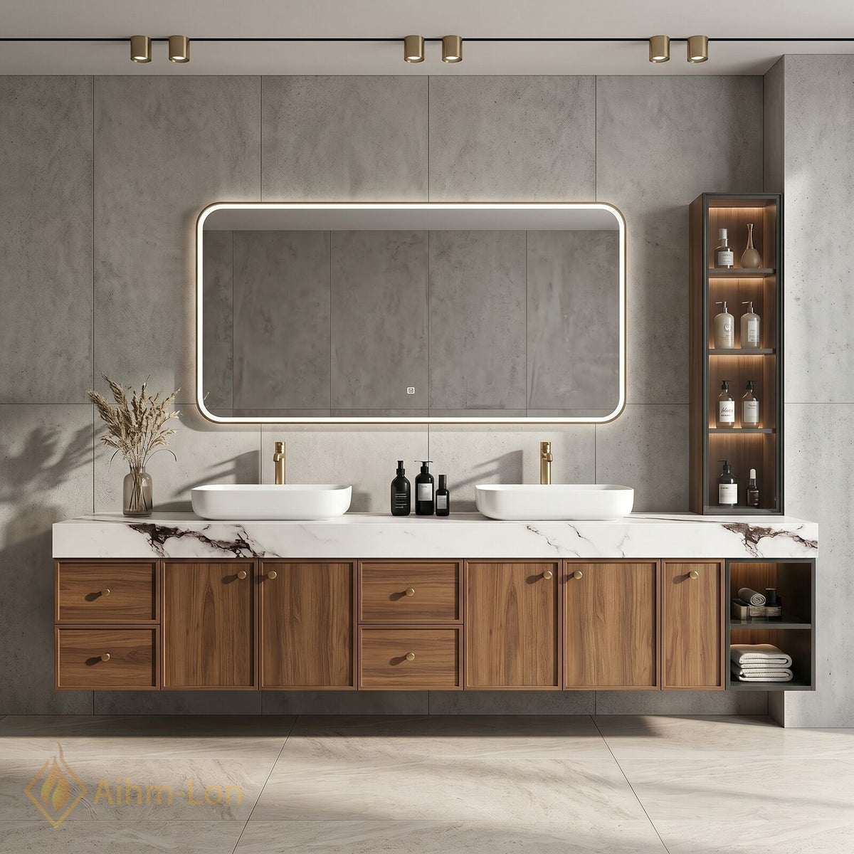 78''-96'' Double Bathroom Vanity with Sink Marble Style Top Warm Wood Finish