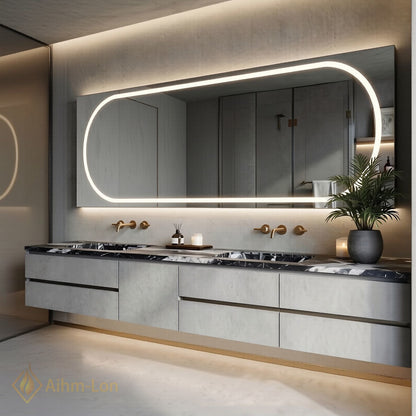 60''-96'' Floating Bathroom Vanity with Sink Double Basin Gray Textured Panels Round Mirror