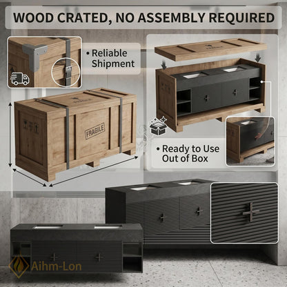 60''-96'' Double Bathroom Vanity with Sink Dark Stone Slatted Open Side Shelving