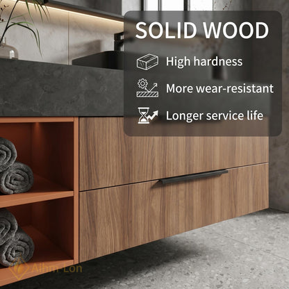 60''-96'' Double Bathroom Vanity with Sink Floating Dark Stone Top Walnut Drawers