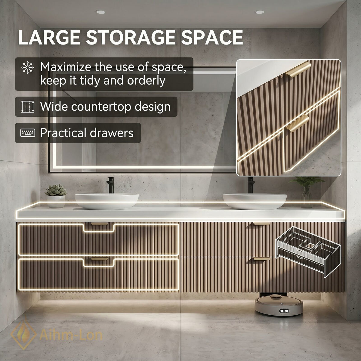 60''-96'' Double Bathroom Vanity with Sink Slatted Wood Finish Open Storage Decor