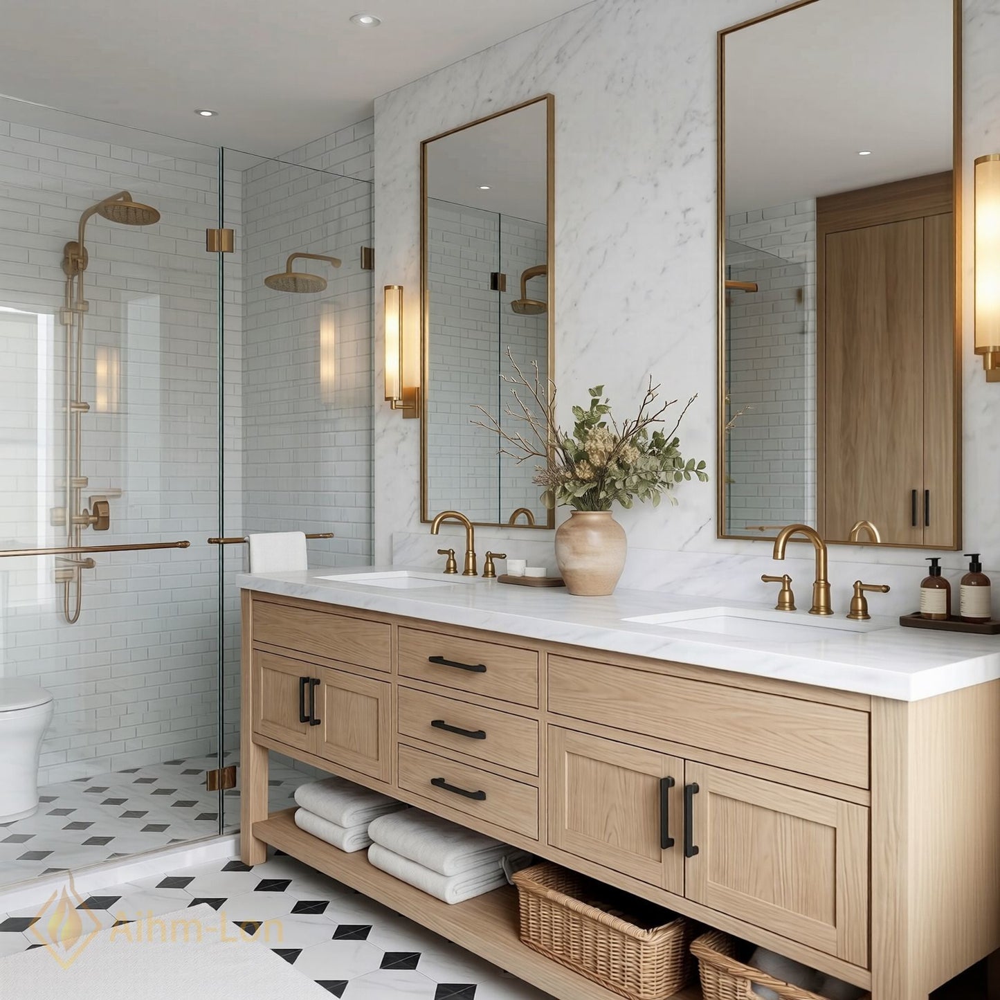 60''-96'' Double Bathroom Vanity with Sink Marble Top Solid Wood Six Drawers Glass Doors Cabinet