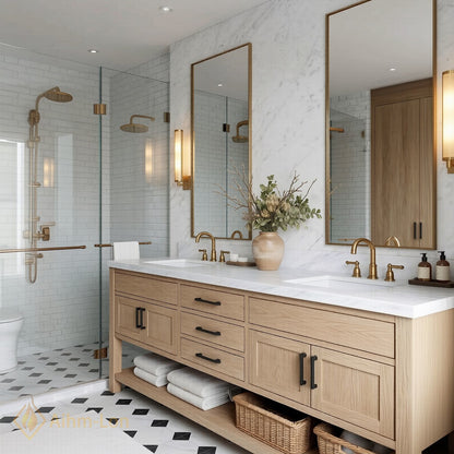 60''-96'' Double Bathroom Vanity with Sink Marble Top Solid Wood Six Drawers Glass Doors Cabinet