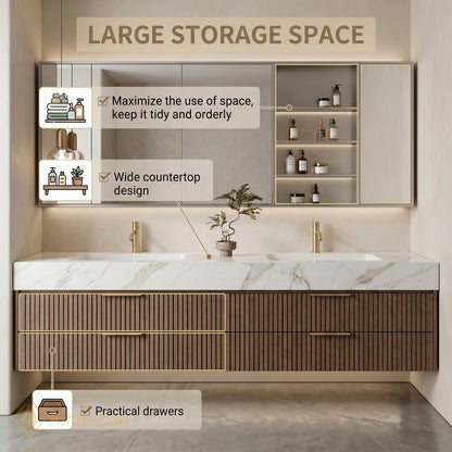 60''-96'' Double Bathroom Vanity with Sink Modern Floating Slatted Front Dark Walnut