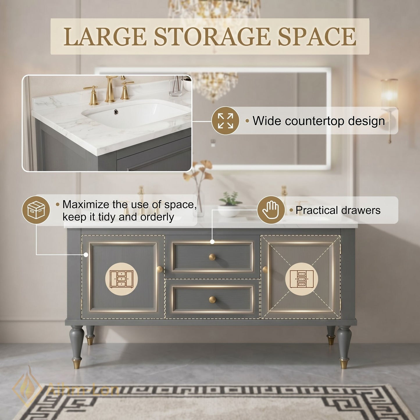 60''-96'' Double Bathroom Vanity with Sink Marble Top Drawers Cabinet Frameless Mirror
