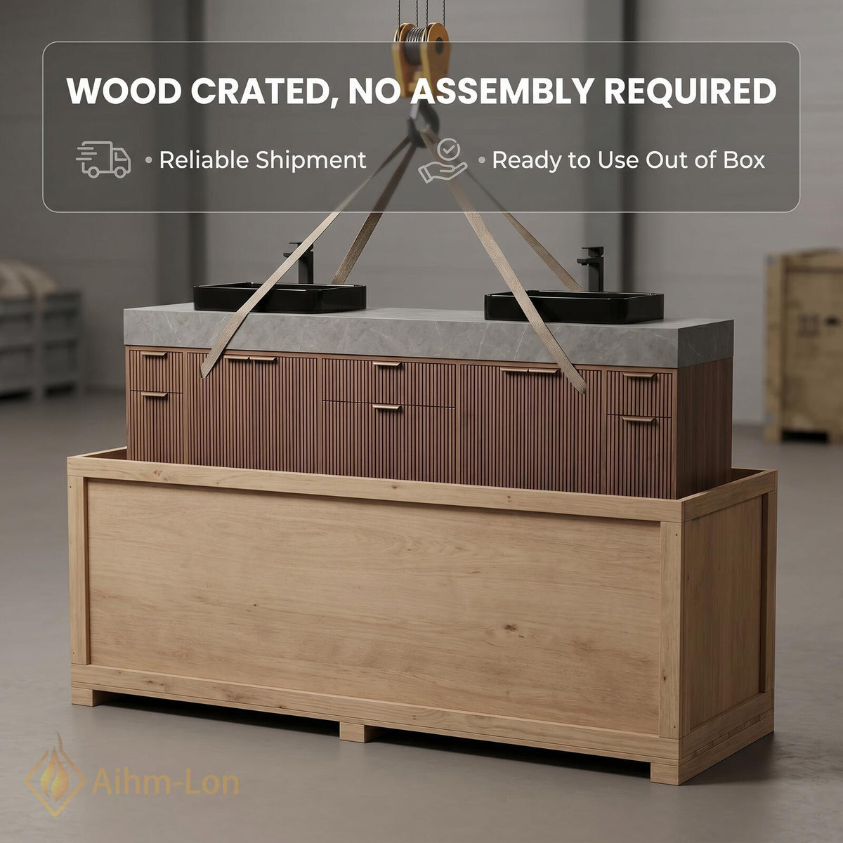 60''-96'' Double Bathroom Vanity with Sink Slatted Panel Doors Warm Walnut Finish