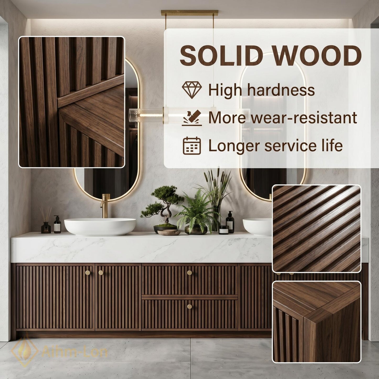 60''-96'' Double Bathroom Vanity with Sink Dark-Walnut Modern Floating Slatted-Panels
