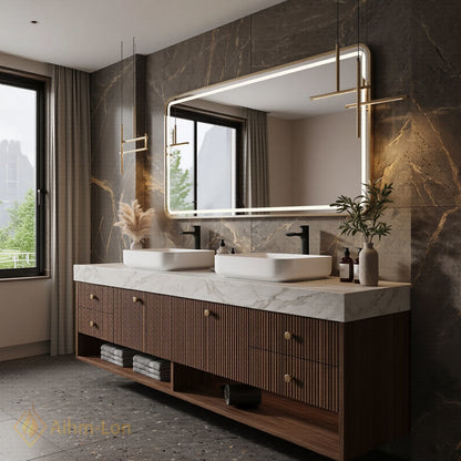 70''-96'' Double Bathroom Vanity with Sink Modern Slatted Wooden Panels Marble Vein