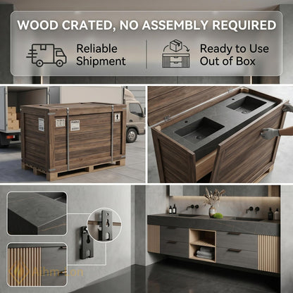 60''-96'' Bathroom Vanity with Sink Modern Floating Dark Stone Finish Slatted Side