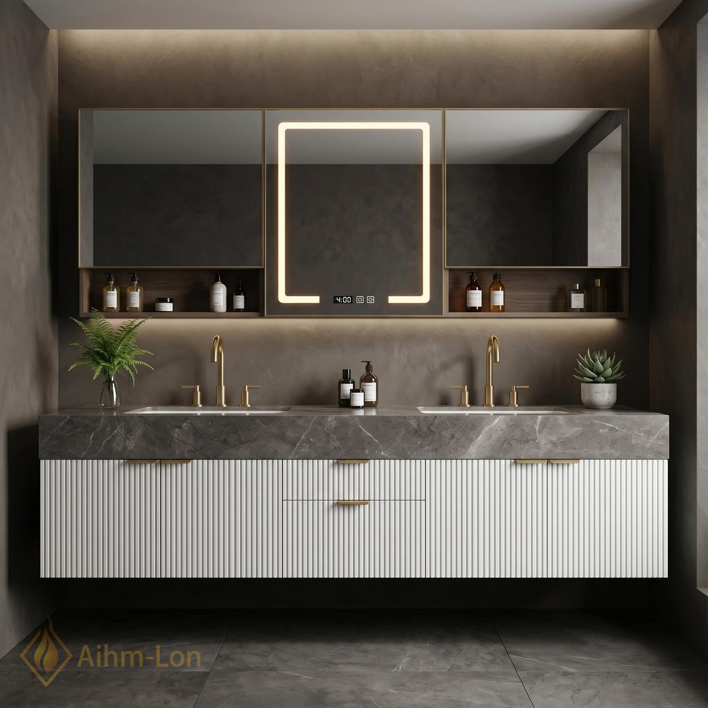 60''-96'' Double Bathroom Vanity with Sink Fluted Basin Marble-Top Open Shelving