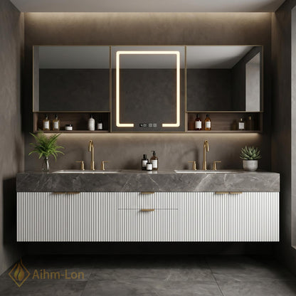 60''-96'' Double Bathroom Vanity with Sink Fluted Basin Marble-Top Open Shelving