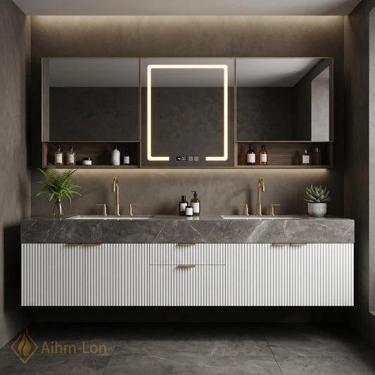 60''-96'' Double Bathroom Vanity with Sink Fluted Basin Marble-Top Open Shelving