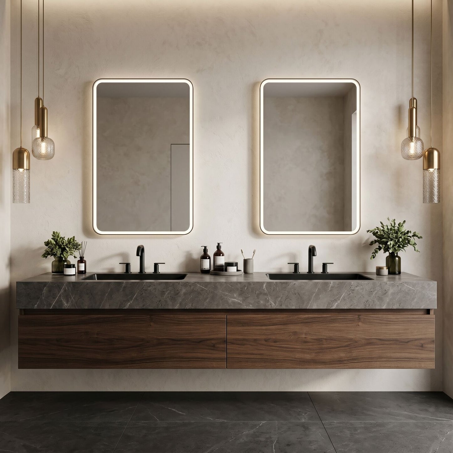 60''-96'' Modern Bathroom Vanity with Sink Double Sink Dark Stone Wood Grain Drawers Cabinet