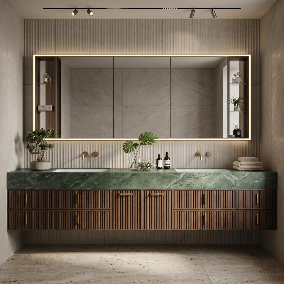 60''-96'' Double Bathroom Vanity with Sink Modern Floating Dark Walnut Ridge-Slatted Front