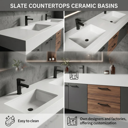 70''-96'' Modern Bathroom Vanity with Sink Dark Walnut Slatted Center Open Shelving