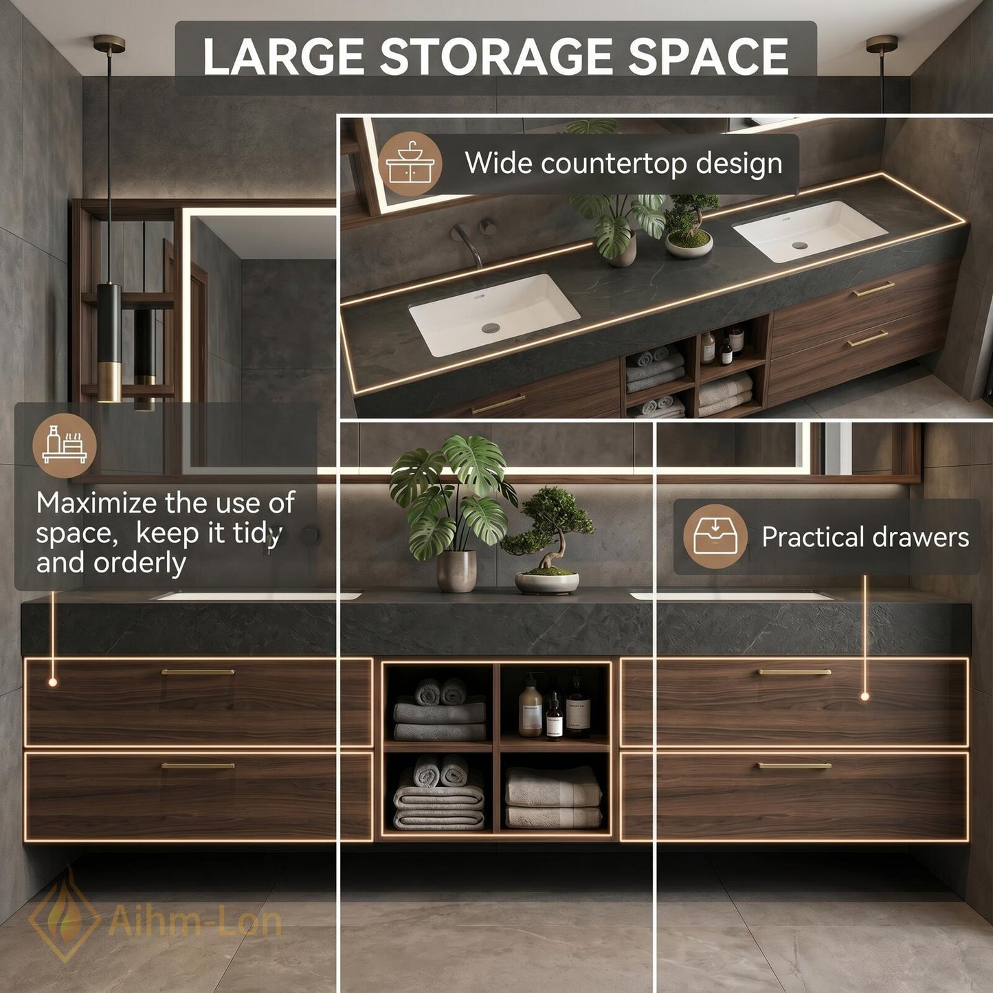 60''-96'' Double Bathroom Vanity with Sink Elegant Dark Walnut Open Shelf Organization