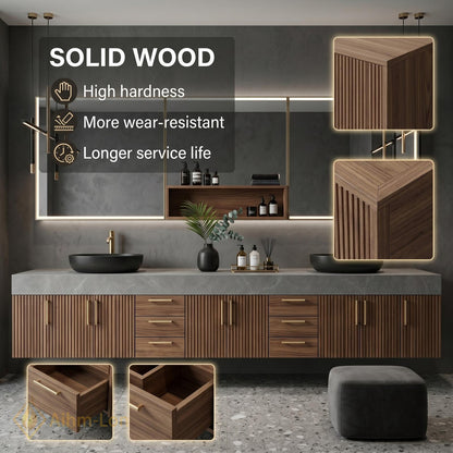 60''-96'' Bathroom Vanity with Sink Modern Floating Dark Slatted Panels Open Center