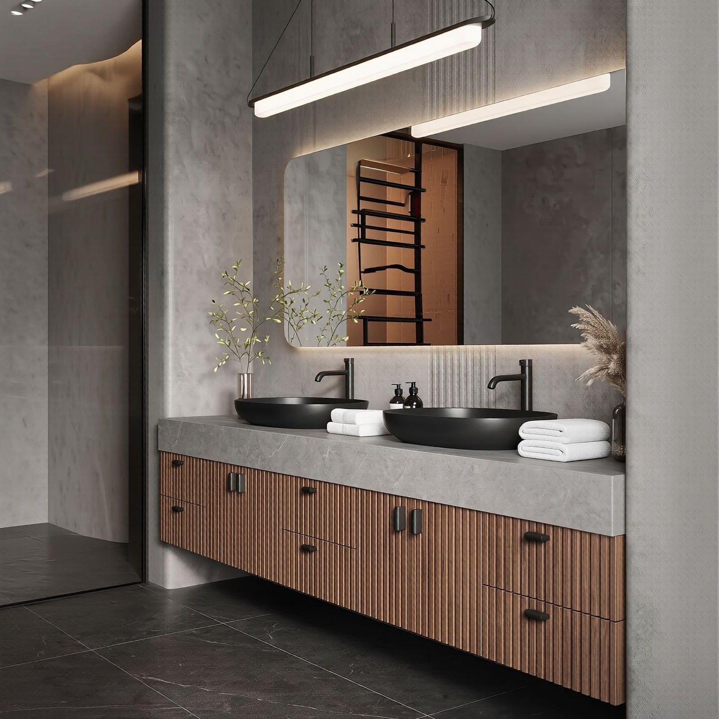 78''-96'' Modern Bathroom Vanity with Sink Double Sink Grey Stone Slatted Wood Front