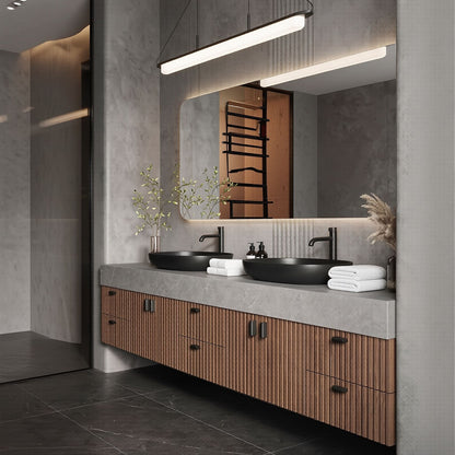 78''-96'' Modern Bathroom Vanity with Sink Double Sink Grey Stone Slatted Wood Front