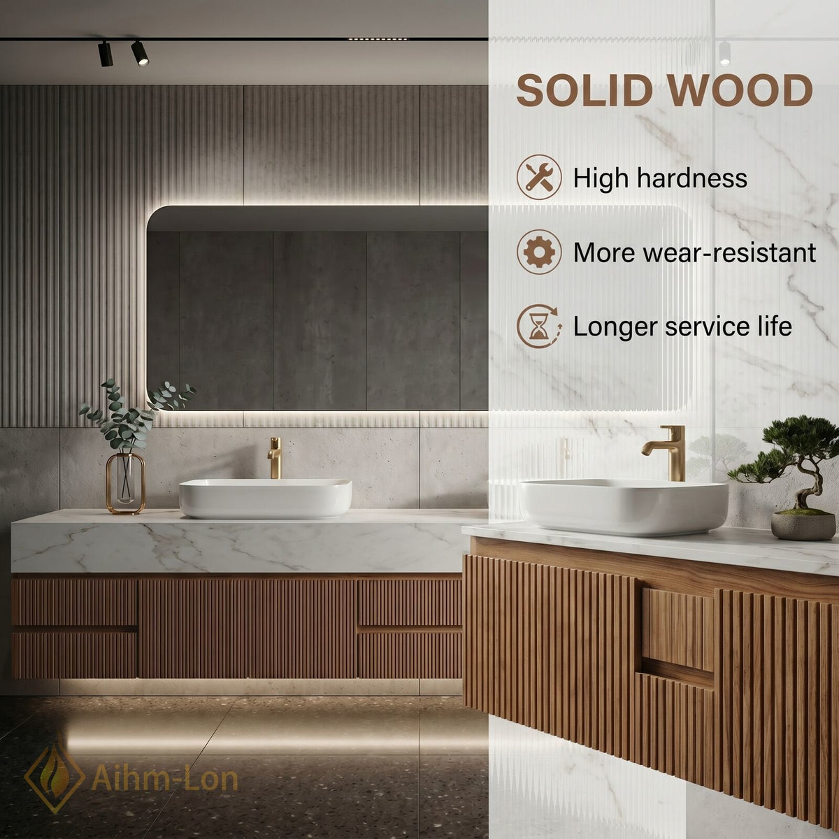 60''-96'' Double Bathroom Vanity with Sink Slatted Panel Marble Top Open Storage