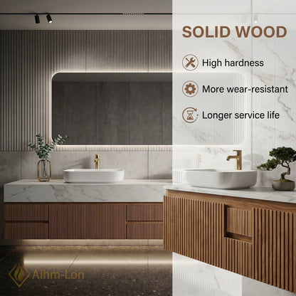 60''-96'' Double Bathroom Vanity with Sink Slatted Panel Marble Top Open Storage