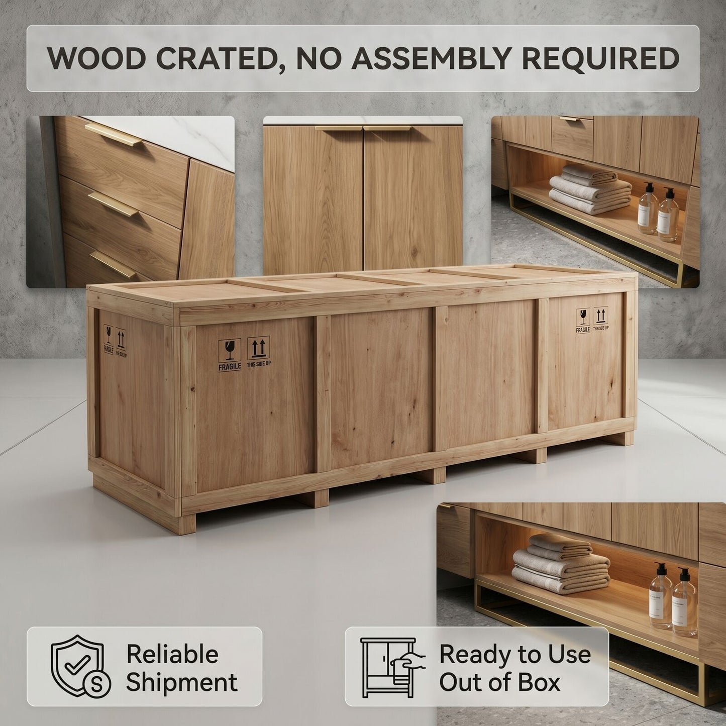 70''-96'' Modern Bathroom Vanity with Sink Wide Floating Base Solid Wood Cabinet