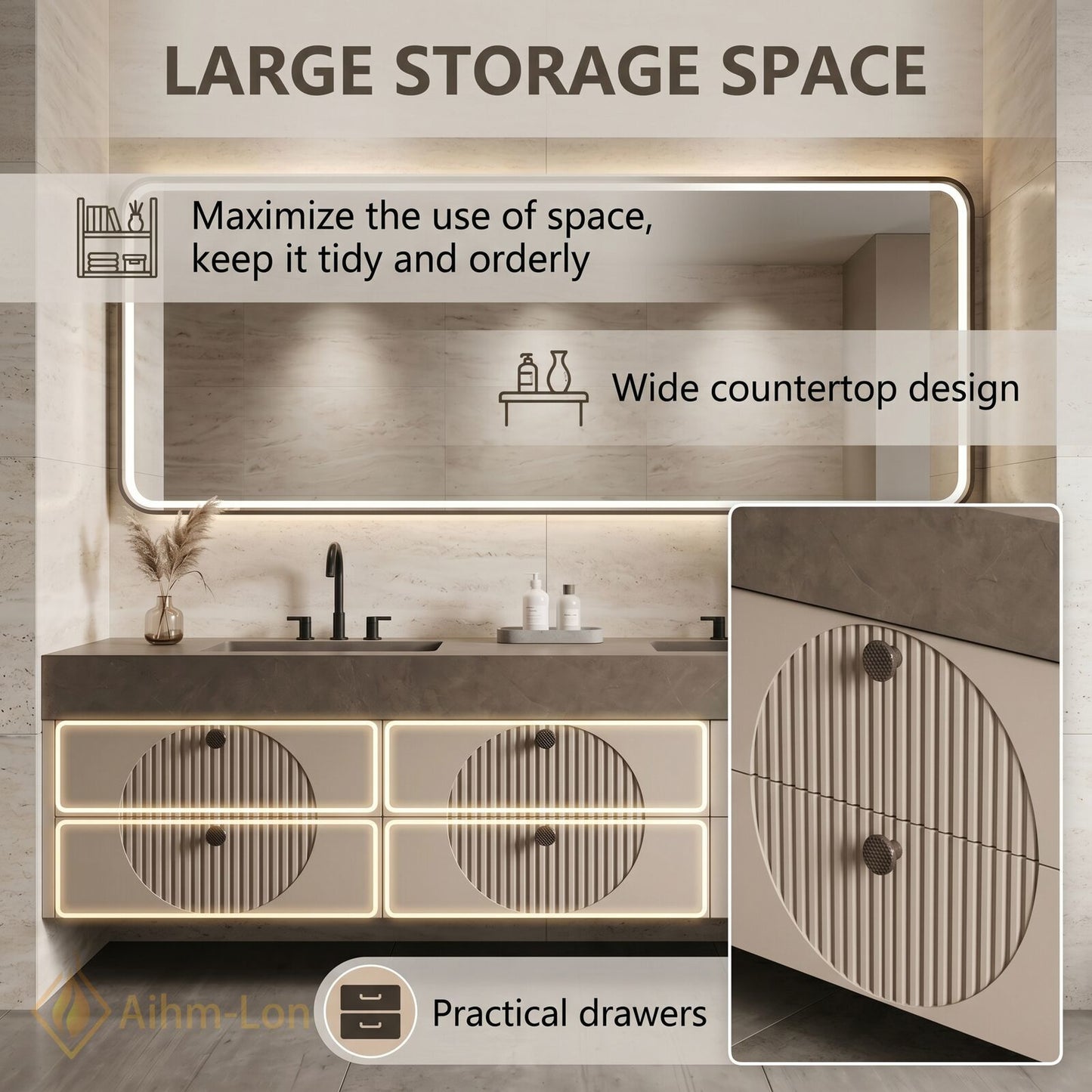 76''-96'' Double Bathroom Vanity with Sink Modern Stone-Top Three Grooved Panels LED