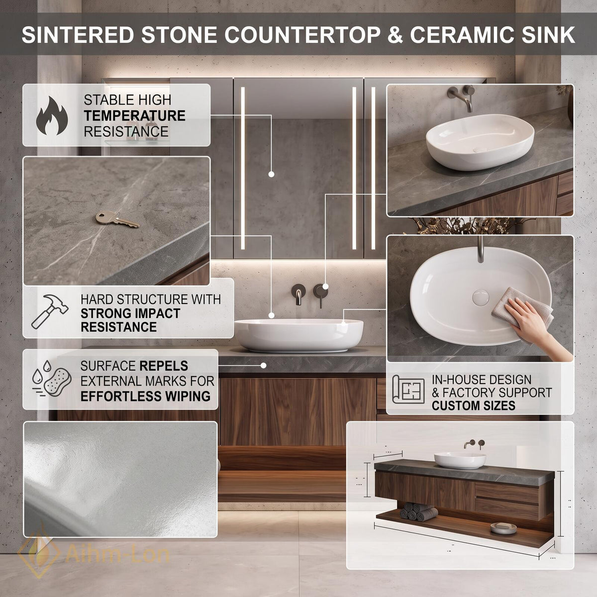 36''-110'' Floating Bathroom Vanity with Sink Sintered Stone Top Open Shelving